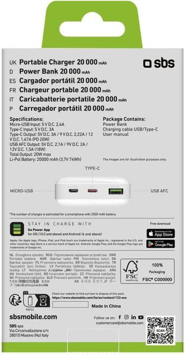 Image du produit SBS Power Bank (20000 mAh, 20 W, 74 Wh)