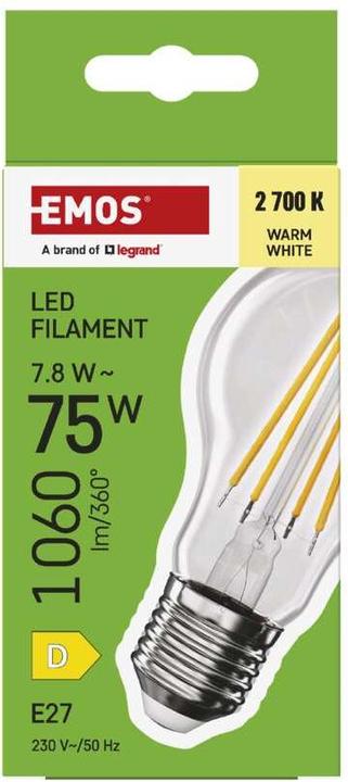 Immagine prodotto Emos Lampada LED a filamento A60 / E27 / 7,8 W (75 W) / 1060 lm / Bianco caldo (E27, 7.80 W, 1060 lm, 1 x, D)