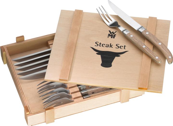 Produktbild WMF Steakbesteck Set Steakmesser 6 Personen Ranch 12tlg Spezialklingenstahl Eichenholz (12 Stück, Besteck Set)