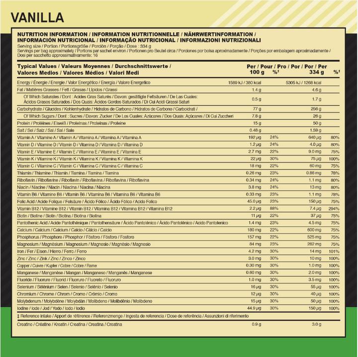Nährwerte und Zutaten Optimum Nutrition Serious Mass (Sportgetränkepulver, Vanille, 1 Stk., 2727 g)