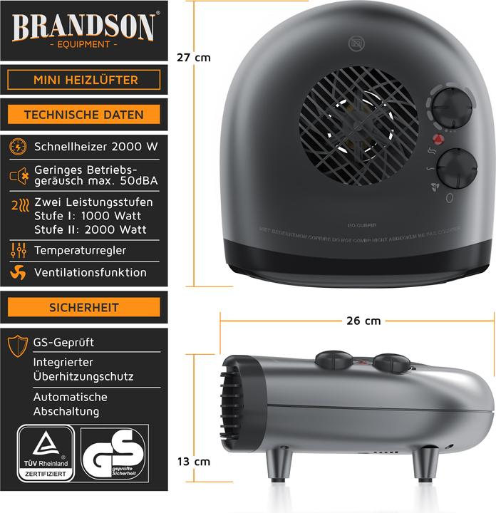 Produktbild Brandson Keramik Heizlüfter 2000 W mit einstellbarem Thermostat, Badezimmer Heizung mit 3 Leistungsstufen (2000 W)