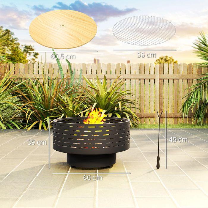 Immagine prodotto Swisshandel24 3in1 Feuerschale Ø60x39cm Edelstahl Grillrost Schürhaken Funkenschutz Holzoptik Kohlegrau (60 cm)