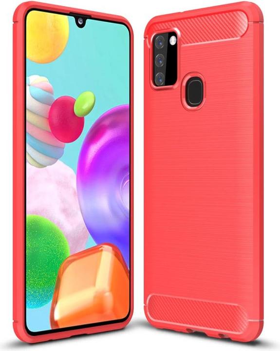 Produktbild Cover-Discount Galaxy A21s - Metall Carbon Look Gummi Hülle rot (Samsung Galaxy A21s)