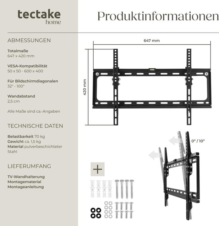 Actual product image tectake TV wall mount (Wall, 65", 70 kg)