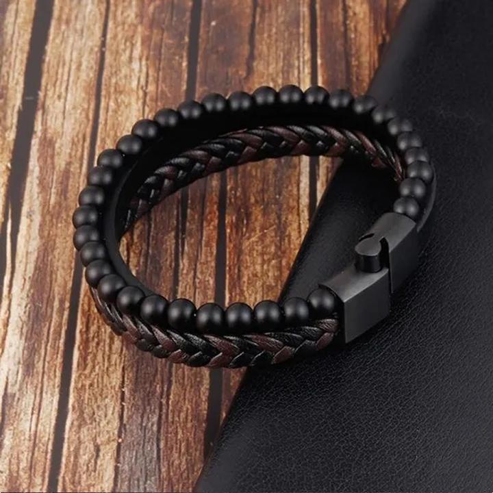Immagine prodotto Cbx Bracciale in pelle con perline e fibbia magnetica 22 cm (22 cm, Cuoio, Acciaio inossidabile)