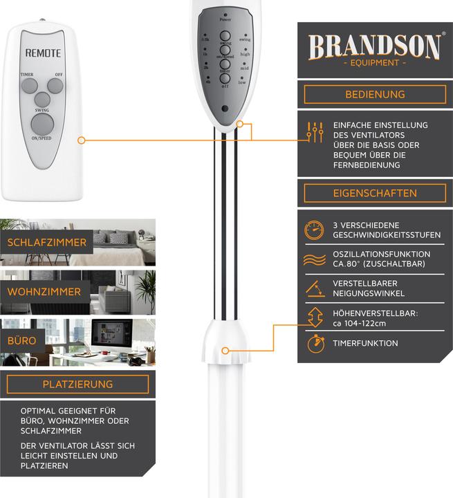 Produktbild Brandson Standventilator, 42 cm Ø, Standlüfter, Fernbedienung, Neigbar 30°, 50W, Oszillation 80°, weiss/blau (45.60 dB)