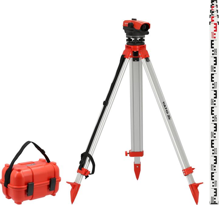 Actual product image Yato Optisches Nivelliergerät 32-Fach, Bereich 110m, IP66 inkl. Stativ + Messlatte