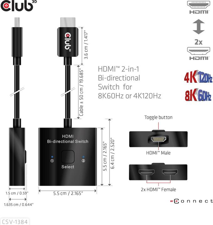 Immagine prodotto Club 3D Club3D Switch HDMI 2-in-1 bidirezionale 8K60Hz/4K120Hz UHD al dettaglio
