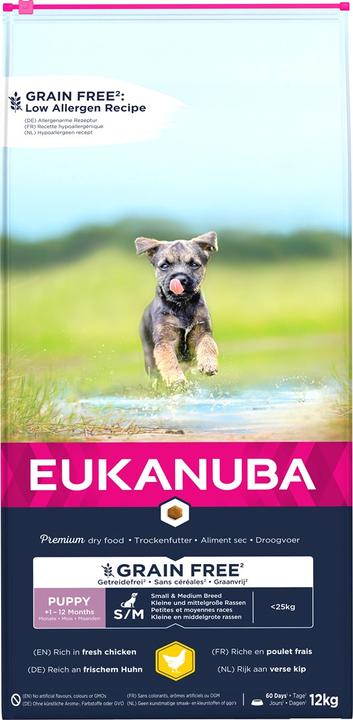 Produktbild Eukanuba Grain Free Puppy kleiner/mittlerer Rasse, Huhn - Hundetrockenfutter - 12 kg (Welpe + Kitten, 12000 g)