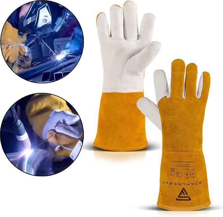 Image du produit Stahlwerk Gants de soudeur Gants de travail en cuir véritable résistants à la chaleur (Taille unique)
