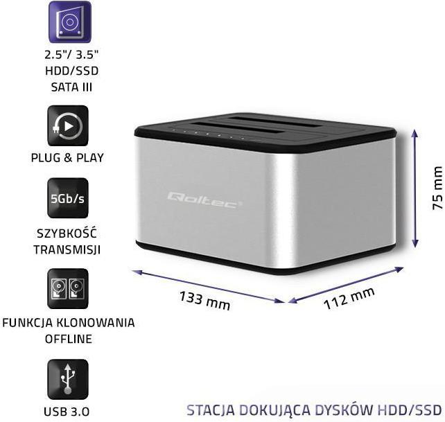 Actual product image Qoltec 50316 2x HDD/SSD docking station 2.5/3.5inch SATA USB 3.0 Cloning