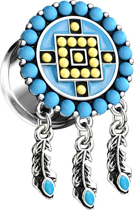 Produktbild Star Piercing Flared Plug Aztec Tribal Türkis Steinen mit Anhänger (Chirurgenstahl 316L, Messing)