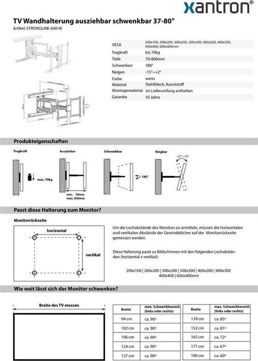 Produktbild Xantron TV Wandhalterung weiss 80cm Auszug (Wand, 80", 70 kg)