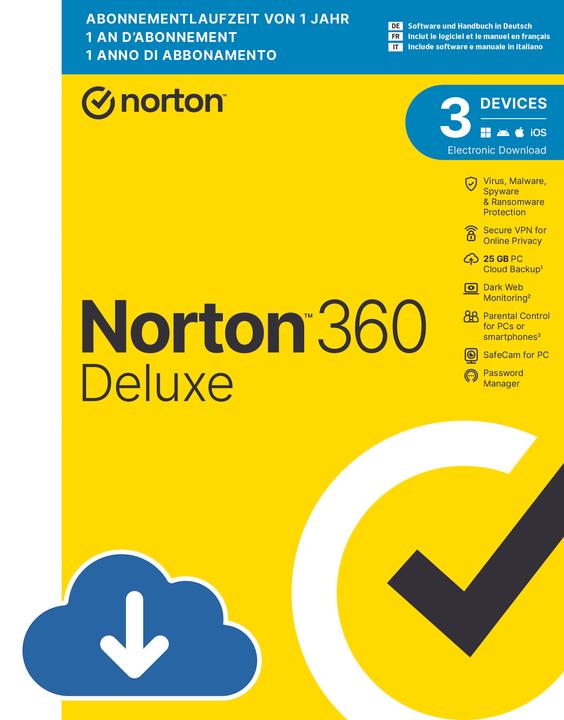 Norton 360 Deluxe (3 Devices, 25GB) (1 User, 3 Devices/Users, 12 months)
