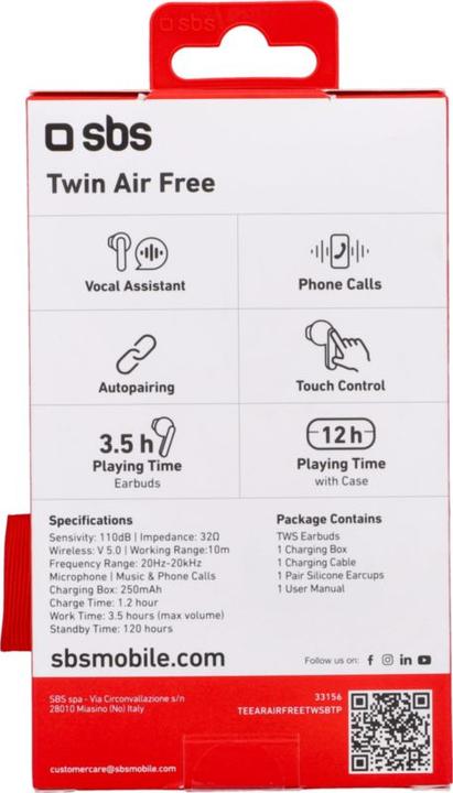 Immagine prodotto SBS Air Free - cuffie TWS con stazione di ricarica da 250 mAh (3.50 h, Senza fili)