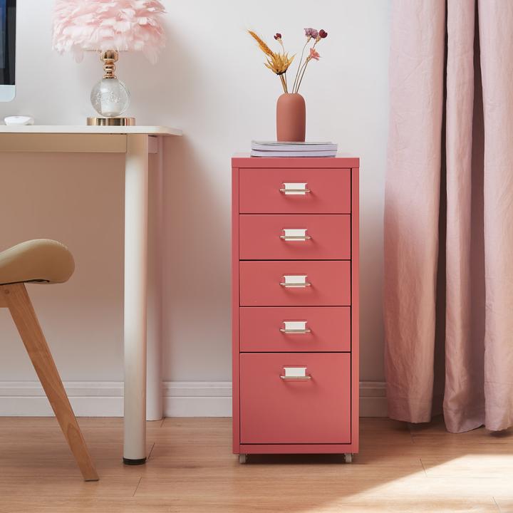 Image du produit En.Casa Rollcontainer Kökar mit 5 Schubladen 69x28x41 cm Wassermelonenrot (69 x 28 x 41 cm)