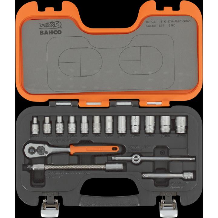 Image du produit Bahco 1/4"-Steckschlüssel-Satz, metrisch, Sechskant, inklusive Umschaltknarre - 16-teilig (13 mm, 8 mm, 10 mm, 4 mm, 11 mm, 7 mm, 12 mm, 6 mm, 9 mm, 5 mm)