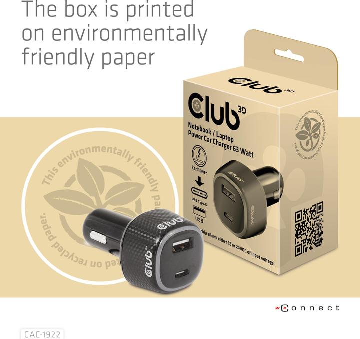 Actual product image Club 3D Club3D USB Car Charger 1xUSB C, 1xUSB A, 63W, 12/24V retail