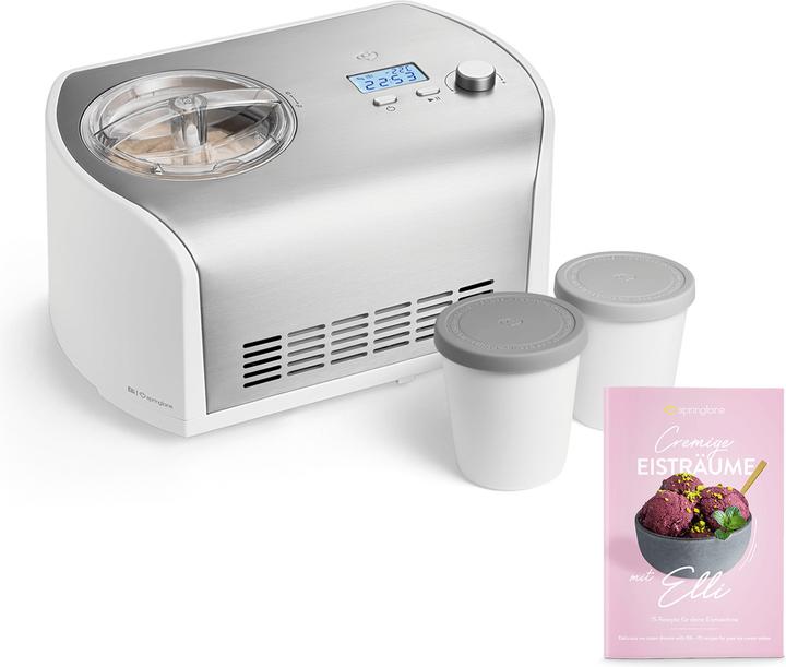 Contenitore per gelato in acciaio inox, Manuale d'uso, Coperchio con apertura di riempimento, Gelatiera con compressore, 2 contenitori di stoccaggio, Palline di gelato, Dosatore, Ricettario, Parte agitante