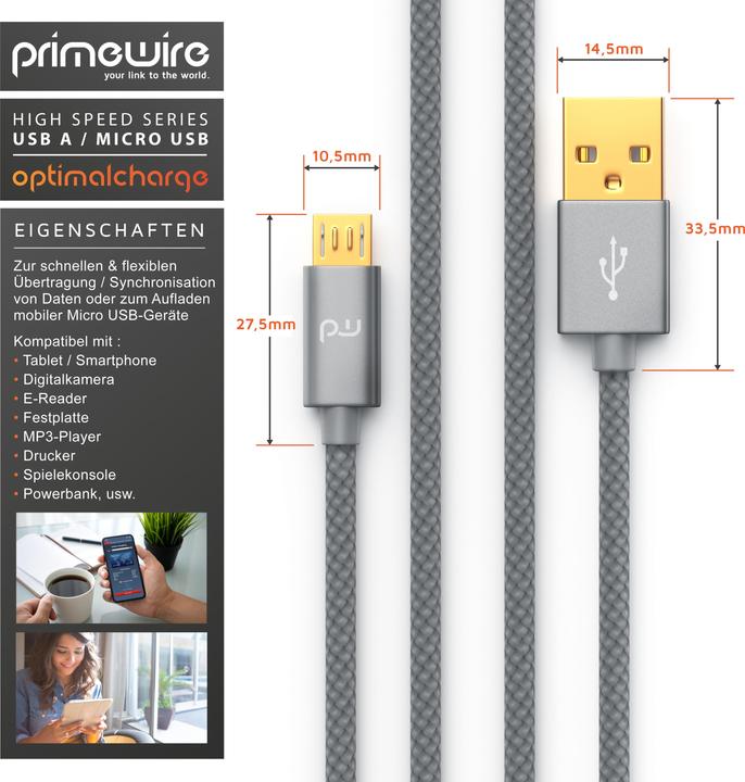 Produktbild Primewire Micro USB Kabel - 2,4A MicroUSB Schnellladekabel, Nylon, Metallstecker, Datenkabel Ladekabel (3 m, USB 2.0)