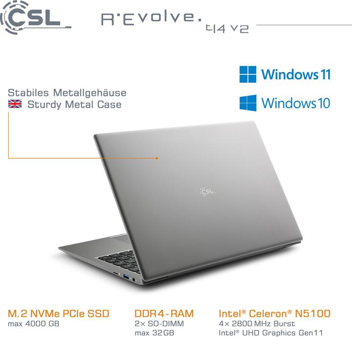 Image du produit CSL Ordinateur portable R" Evolve T14 V2 35.6cm (14 pouces) Full HD Intel® Celeron® N5100 16GB RAM 1TB (14", Intel Celeron N5100, 16 Go, 1000 Go, DE)