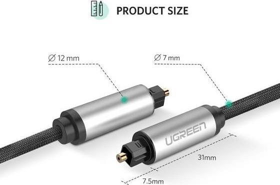 Actual product image Ugreen AV108 Toslink audio optical cable, braided aluminum, 2m (silver) (2 m, TOSLINK)