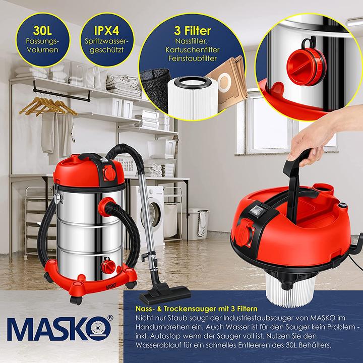 Image du produit Masko Aspirateur industriel sans sac rouge (Aspirateur eau et poussière)