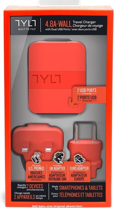 Actual product image Tylt Travel Adapter Dual USB Red