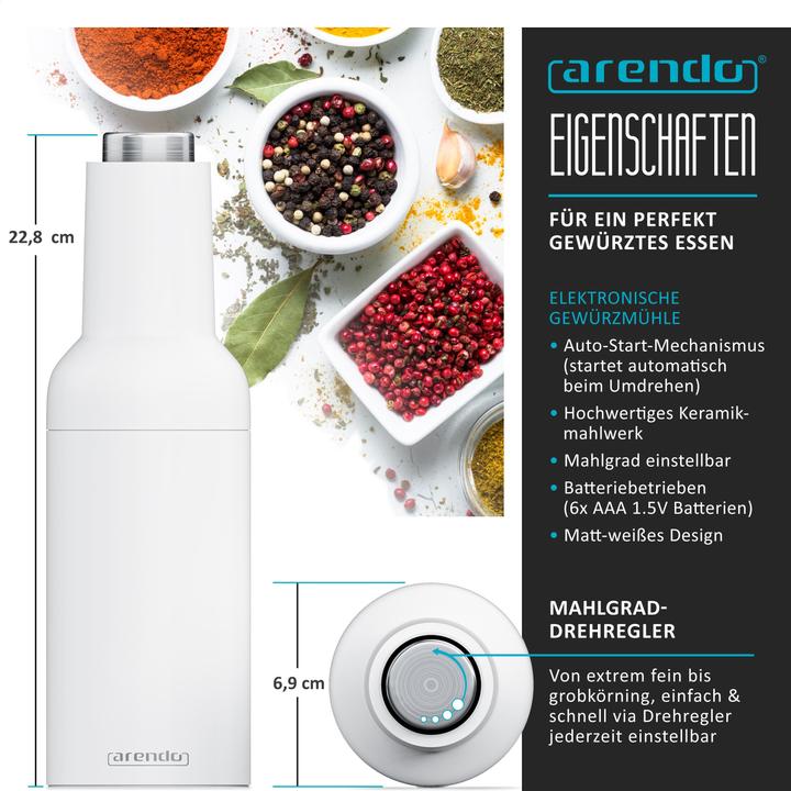 Produktbild Arendo Salz und Pfeffermühle elektrisch, Salzmühle & Pfeffermühle 2er Set, einhändig, Batteriebetrieben (Salz, Pfeffer)