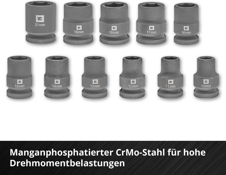 Produktbild Einhell Impact Stecknuss-Set, 109283, 12-teilig (18 mm, 15 mm, 11 mm, 21 mm, 16 mm, 12 mm, 14 mm, 17 mm, 13 mm, 19 mm, 10 mm)