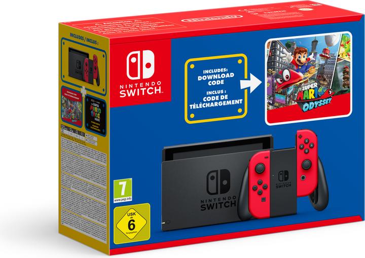 Nintendo Switch Red + Super Mario Odyssey Download Code + The Super Mario Bros. Movie Sticker