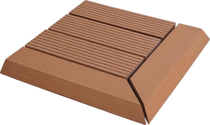 Produktbild Swisshandel24 WPC Eck-Bodenfliese Rhone + Abschluss, Holzoptik Terrasse, 30x30cm Premium Ecke rechts, teak linea (1 x, 30 x 30 cm)