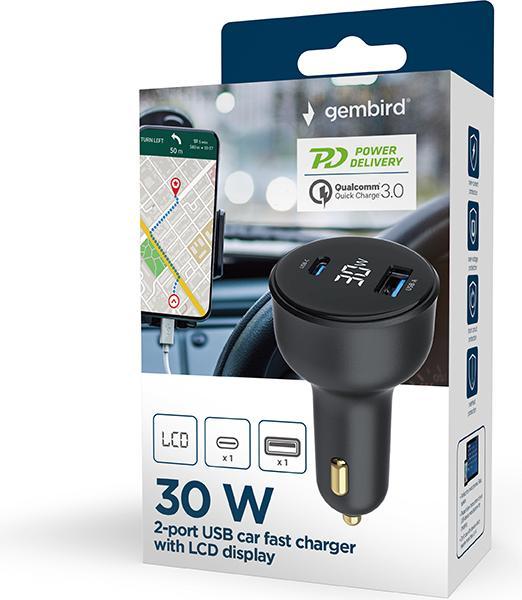 Produktbild Gembird Chargeur Allume Cigare 1x USB-C + 1x USB-A 30W (Noir)