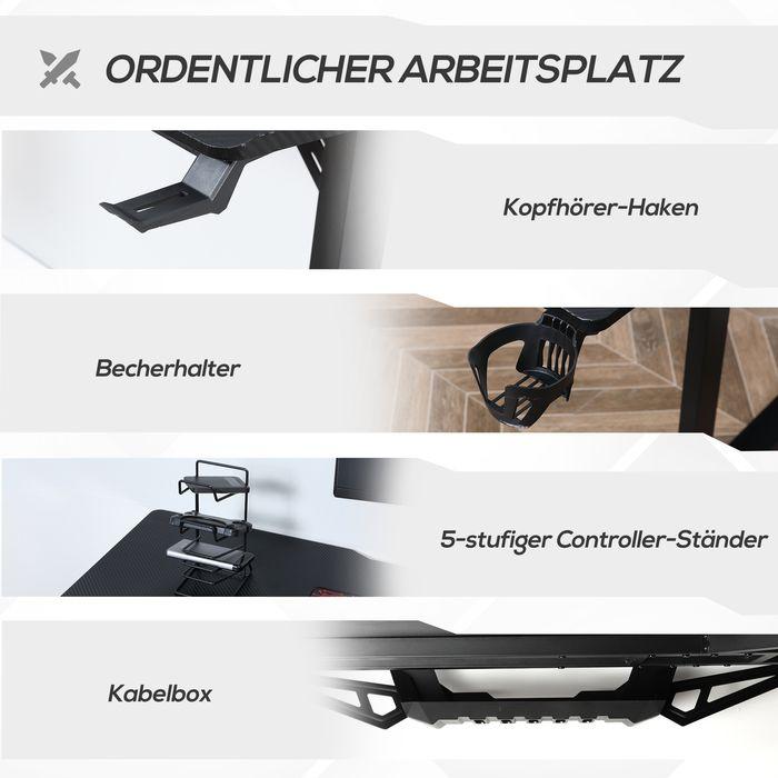 Actual product image Swisshandel24 Gaming table Desk L-shaped with headphone hook Cup holder MDF metal Black+Red 168x