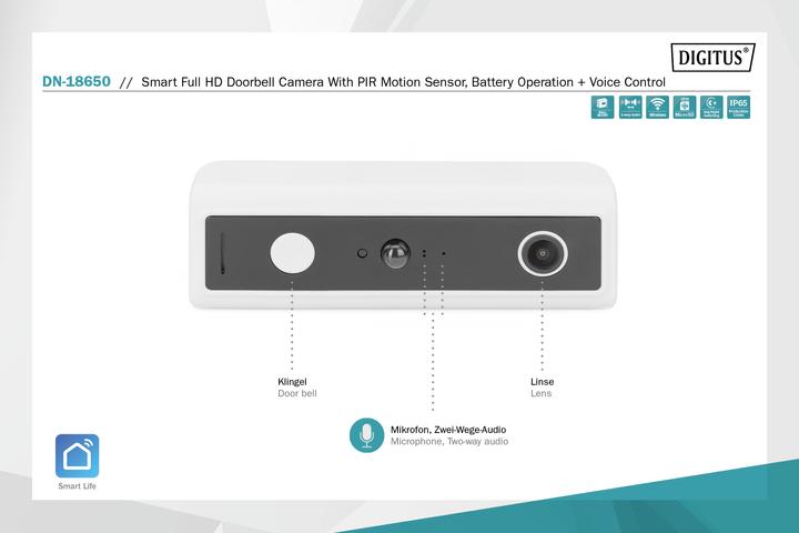 Immagine prodotto Digitus Telecamera smart Full HD per campanello con rilevatore di movimento PIR, a batteria + comando vocale (Senza fili)