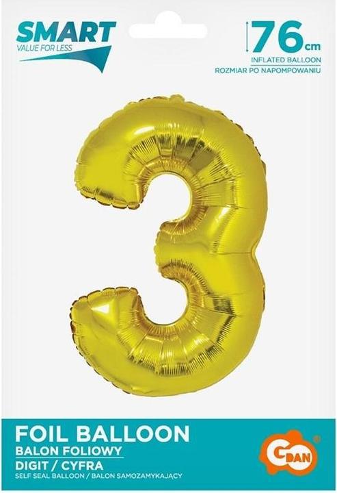 Actual product image GoDan Nummer 3 goldener Smart-Folienballon, 76 cm