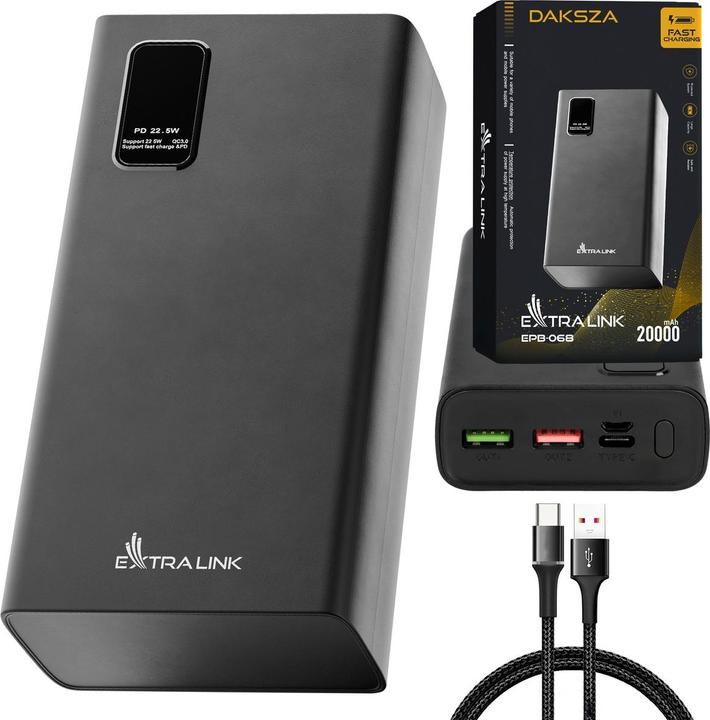 Image du produit Extralink EX.19508 Banque d'alimentation Lithium Polymère (LiPo) Noir (20000 mAh, 74 Wh)