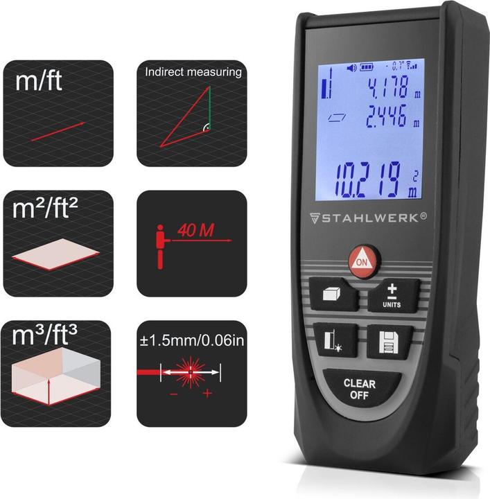 Immagine prodotto Stahlwerk Telemetro laser LE-40 ST fino a 40 m con display LCD illuminato (40 m, 635 nm)
