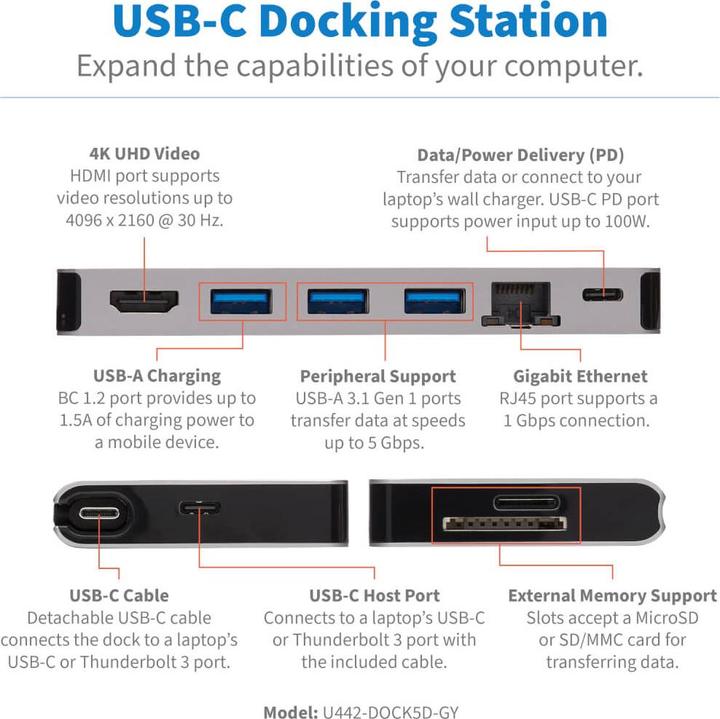 Produktbild Eaton USB-C Dock - 4K HDMI USB 3.2 Gen 1 USB-A Hub GbE Memory Card 100W PD Charging Detach (USB-C, 4 Ports)