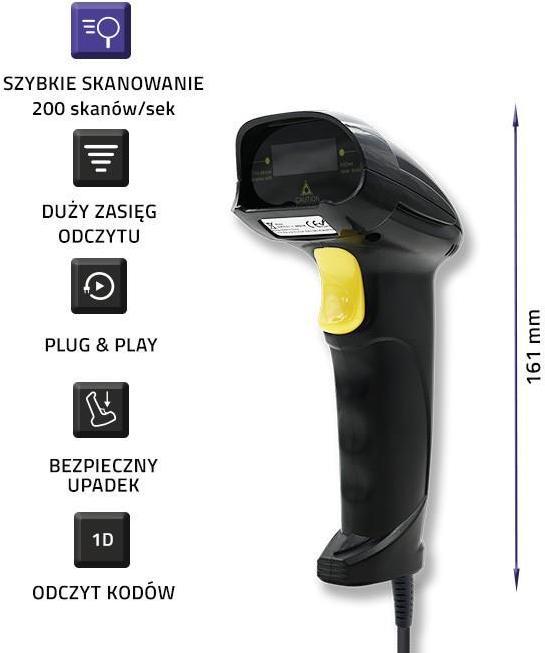 Image du produit Qoltec 1D Laser Barcode Scanner | USB | Black (Codes à barres 1D)