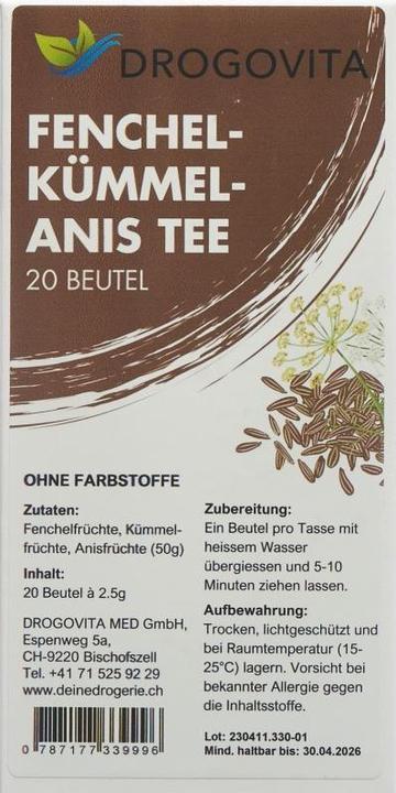 Valeurs nutritives et ingrédients Drogovita Infusion de fenouil, cumin et anis (82 g)