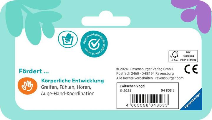 Actual product image Ravensburger 4853 play+ chirping bird, wooden grasping toy, cuddly toy with chirping belly