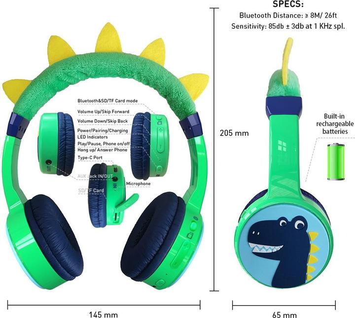 Image du produit PhoneLook Casque cool sans fil Bluetooth 5.3 pour enfants avec volume atténué 85dB et design amusant Dino