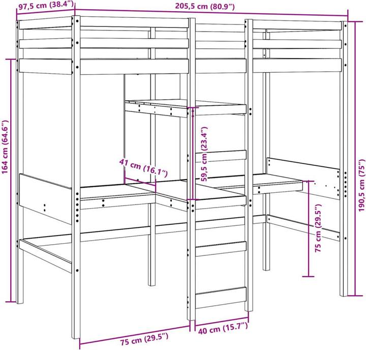 Actual product image VidaXL Loft bed with desk & shelves (90 x 200 cm)