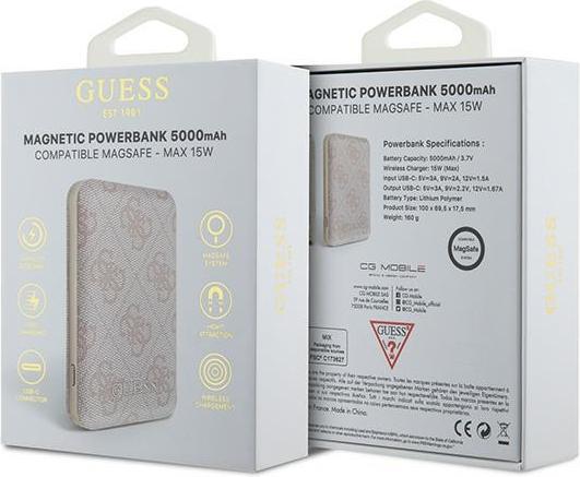 Actual product image Guess Powerbank indukcyjny 15W GUPB5FP4EMGP 5000mAh różowy/pink 4G Leather Metal Logo MagSafe (5000 mAh, 15 W)