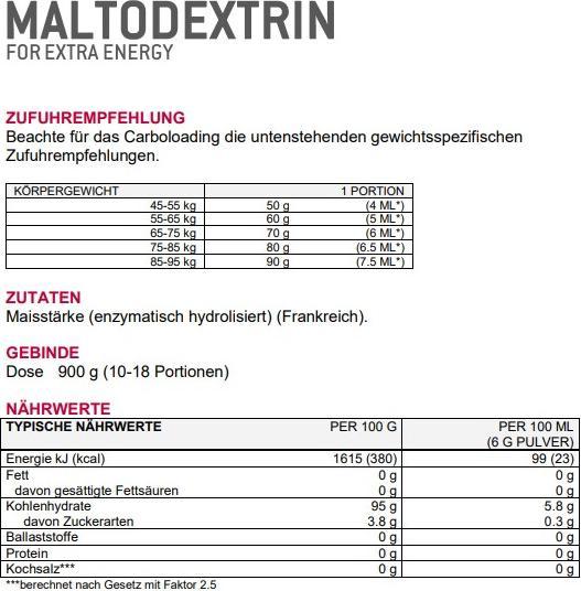 Nährwerte und Zutaten Sponser Maltodextrin 100 (Neutral, 1 Stk., 900 g)
