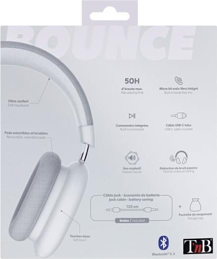 Produktbild T'nB Casque Micro Bluetooth Bounce (Blanc) (ANC, 50 h, Kabelgebunden)