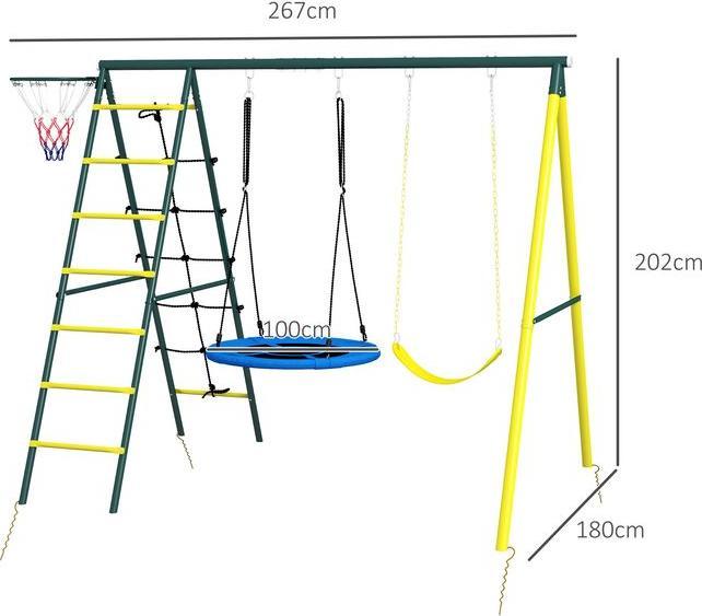 Image du produit Swisshandel24 Balançoire pour enfants 4in1 avec 2 balançoires, panier de basket, échelle, acier, jaune