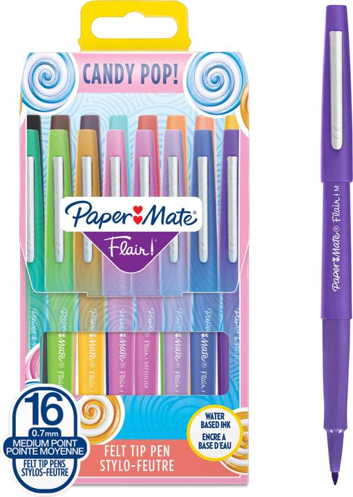 Image du produit Paper Mate Flair Candy Pop (Lilas, Salted Caramel, raisin, Orange, Framboise, Fleur de souci, Blueberry Bubblegum, Vert clair, Marron, 16 x)