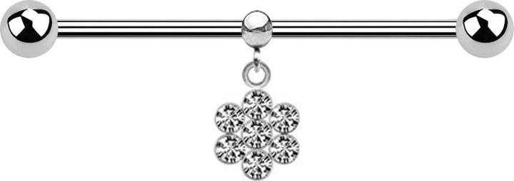 Produktbild Star Piercing Barbell silber zwei Kugeln mit Kugel Ring Anhänger Blume sieben Kristalle silber (ohne Messing, Chirurgenstahl 316L)